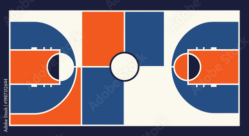 Aerial View Basketball Court Orange Blue Colors Vector Illustration in bright studio