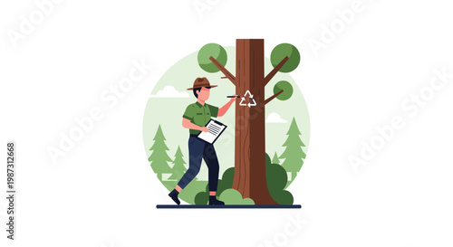 A dedicated forest ranger wearing a green uniform and brown hat meticulously marks a large tree trunk with a white recycling symbol in the woods.