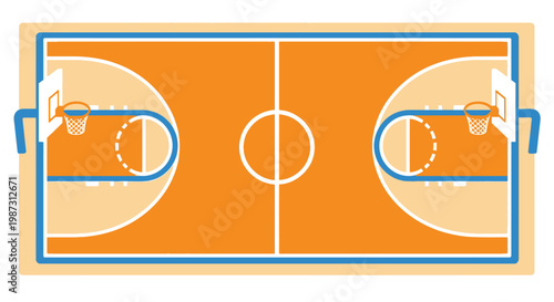 Basketball court top view with hoops and markings, isolated white background