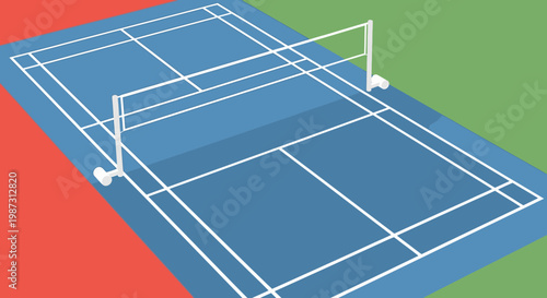 Empty Badminton Court with Net on Blue and Red Ground