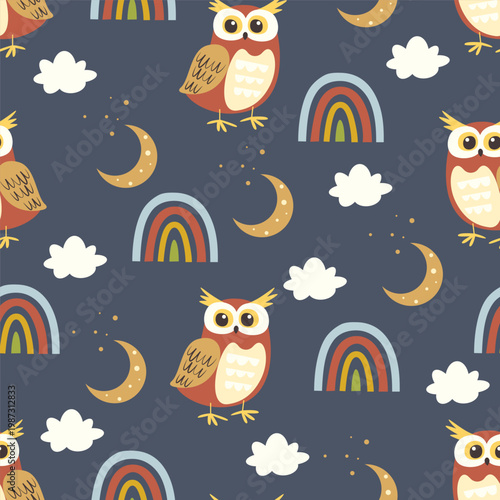 seamless pattern of cute hand-drawn owls, rainbows, moons, and stars. whimsical scandinavian nursery vector illustration on navy background for kids wallpaper, baby fabric, bedding, sleepwear and more