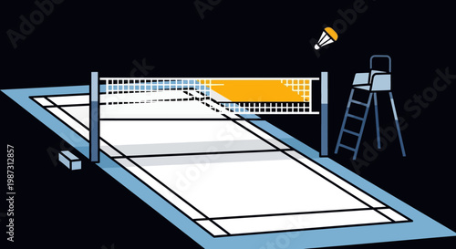 Isometric Badminton Court with Net Umpire Chair and Shuttlecock Dark Background