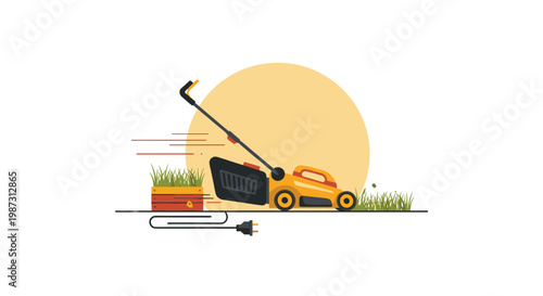 A sleek yellow electric lawn mower efficiently trims a patch of lush green grass against a warm circular golden sun backdrop with a visible black power cord trailing.
