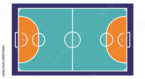Teal and Orange Futsal Soccer Court Top View Flat Design in Bright Studio