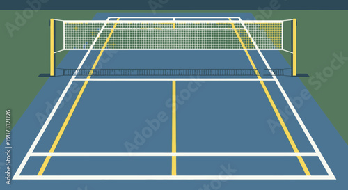 Blue and Green Badminton Court with Net Top View in Bright Studio