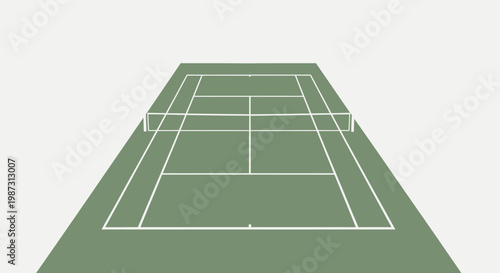 Tennis court with white lines on green surface.