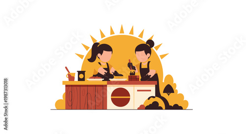 Two focused female chefs wearing dark aprons prepare delicious food at a wooden kitchen counter under a bright and radiant yellow sun illustration scene.