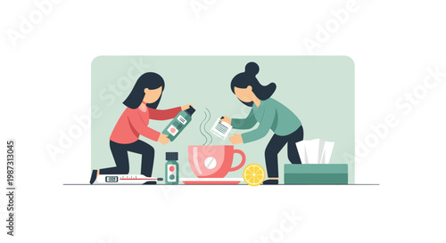 Two diligent women prepare a warm medicinal beverage using a large red mug and various healthcare supplies within a clean and minimalist green setting.