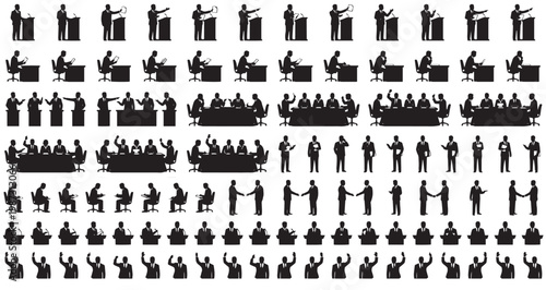 Policy Making and Decision Process Silhouettes Set Pack Editable Vector Stroke Illustration. featuring more  silhouette, business, corporate, professional, meeting, leadership, vector silhouettes.