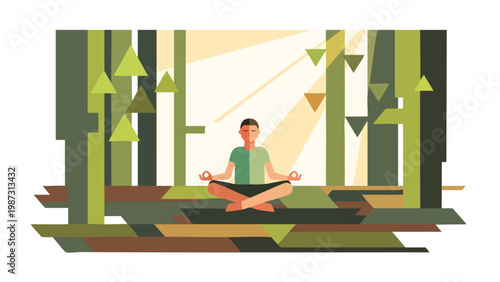 Man Meditating in Forest, Yoga Mindfulness, Nature Wellness, Serenity Scene