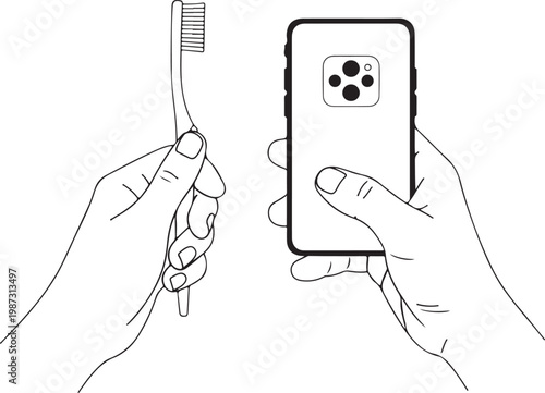 Illustration of a person using a toothbrush and smartphone simultaneously
