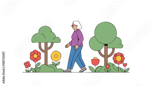Senior Woman Walking in Garden, Healthy Lifestyle, Outdoor Activity, Relaxing Nature Scene