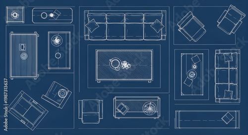 Coffee Table Top View Blueprint Vector – Living Room Furniture AutoCAD Layout Technical Drawing White Outline on Dark Blue Background