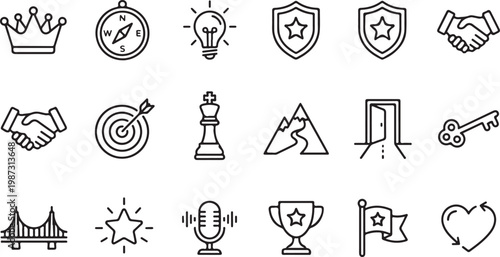 Collection of diverse icons representing various concepts and themes in simple line art