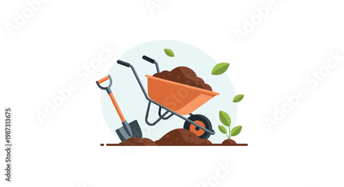 A sturdy orange wheelbarrow overflowing with rich dark soil rests beside a metal shovel and a young green sprout in a peaceful and serene garden space.