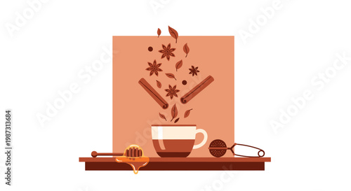 A cozy ceramic mug sits on a wooden surface as aromatic spices like star anise and cinnamon sticks fall gracefully into the steaming beverage under soft light.
