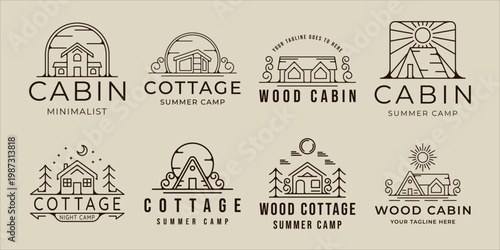 set of cabin or cottage logo line art simple minimalist vector illustration template icon graphic design.bundle collection outdoor adventure emblem for nature concept with badge and typography