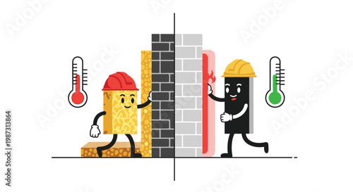 Two cheerful anthropomorphic brick characters wearing protective hard hats demonstrate thermal insulation efficiency against hot and cold temperature.
