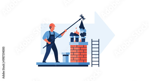 A professional chimney sweep wearing a bright orange safety helmet meticulously cleans a red brick chimney using a long specialized brush in this scene.