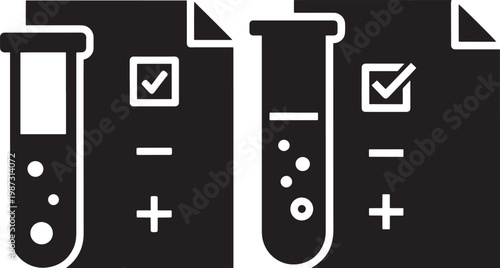 Two test tubes with liquids and check mark papers science vector test tube laboratory research experiment document analysis illustration documents analyses illustrations chemistry
