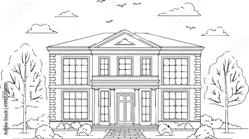 Elegant two-story classical-style house with symmetrical windows and a grand entrance