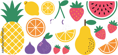 Flat Vector Illustration Set of Assorted Fruits Including Pineapple Watermelon Strawberry Lemon Pear Fig and Orange Citrus Slices.
