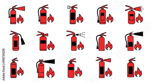 Fire Extinguisher Icons Set Safety Equipment Red Symbols