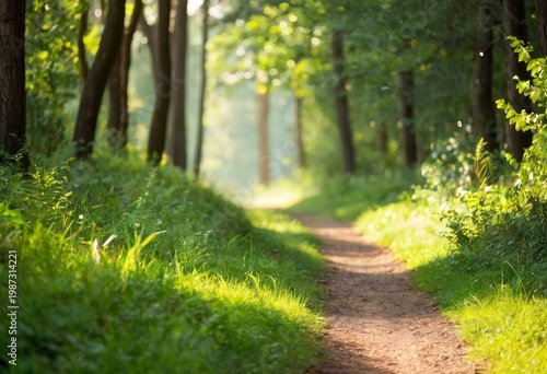 A small path in a lush green forest with sunlight filtering through trees