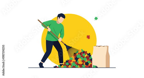 A diligent man wearing a bright green sweater rakes a colorful pile of autumn maple leaves into a heap next to a brown paper bag under a large yellow sun.