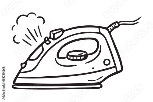 Steam iron emitting steam over fabric linedrawn appliance showing soleplate, control dial and steam vents, household laundry task for wrinkle removal, safety and care cues, domestic routine