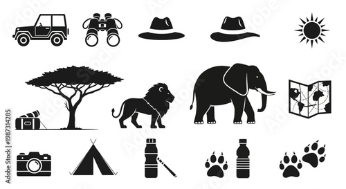 Safari Adventure Icons Set African Wildlife Travel Equipment and Symbols