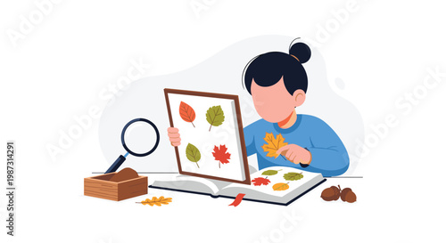 A curious young girl with a neat hair bun explores the science of botany by examining colorful autumn leaves inside a large educational book on a table.