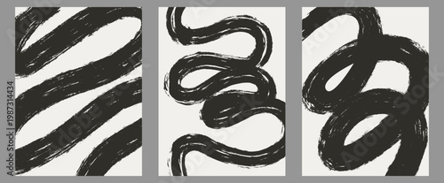 Set of trendy contemporary abstract creative hand drawn minimalist posters with organic line, shape pattern for wall decoration, postcard or brochure cover design in retro style art