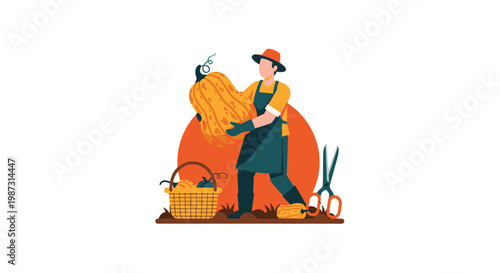 A hardworking farmer wearing a green apron and a wide-brimmed hat carries a massive orange pumpkin across a field during a vibrant autumn sunset scene.