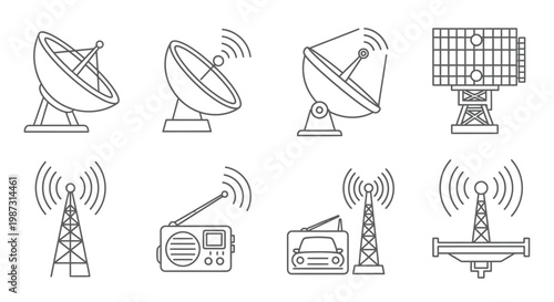 Communication Technology Icons Satellite Dish Radio Tower Antenna Signal Waves