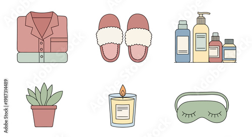 Cozy Home Comforts Collection Icons Pajamas Slippers Skincare Candle Plant Sleep Mask
