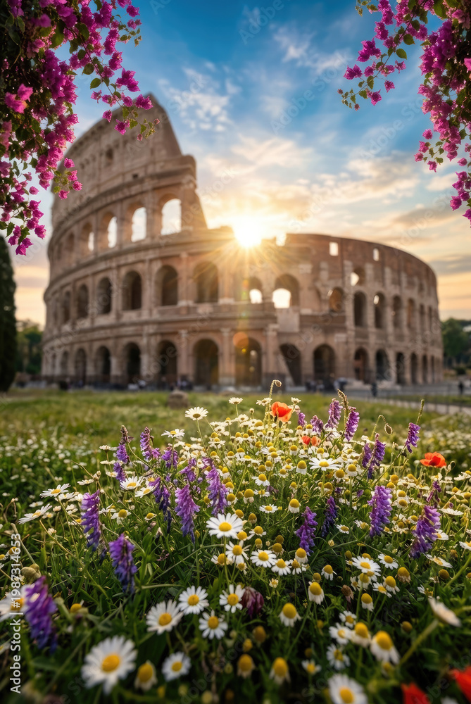 Obraz premium Colosseum in Rome with blooming wildflowers and bougainvillea