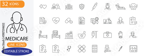Medicare Line Icons Set. Features icons of doctors, health, care, hospital buildings, pills, and ambulance. Perfect for healthcare apps and medical UI design.