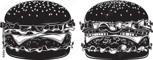Two detailed silhouette hamburgers with fast food black and white junk food burger bun hamburger sandwich silhouette illustration appetizing delicious minimalist restaurant takeaway