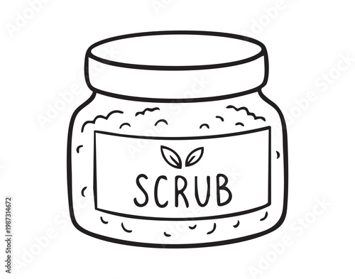Jar of body scrub line drawing minimal black ink sketch shows labeled glass jar with grain texture, screw lid, spa vibe, clean aesthetic, perfect for product mockup, packaging and branding