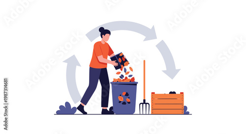 A focused woman in casual attire carefully empties a small bin of vibrant autumn leaves into a large purple recycling container under circular arrows.