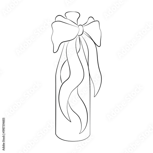 Hand-drawn wedding party decor element, champagne bottle with a bow in doodle line art style for drinks menu, party decor, cards