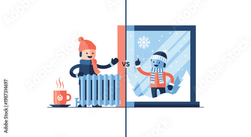 A charming split-screen illustration showcases the cozy warmth of an indoor radiator contrasted against a chilly blue winter scene visible through a window.