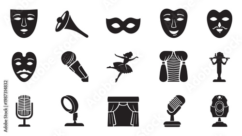 Performing arts theater silhouette icon set
