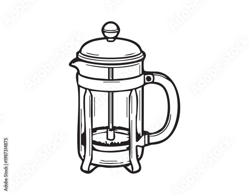 French press coffee maker line drawing, plunger and glass carafe with dark brew, barista inspired slow morning ritual, rich aroma and handcrafted brewing detail, home cafe aesthetic