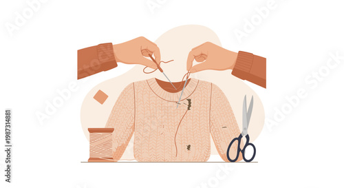Meticulous hands perform a delicate repair on a textured beige knitted sweater using a needle and thread while scissors and a wooden spool wait on the side.