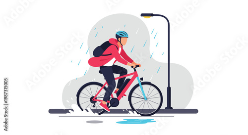 A determined cyclist wearing a protective blue helmet and vibrant red jacket rides a modern electric bicycle through splashing puddles during a heavy rainstorm.