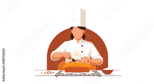 A skilled female chef wearing a pristine white uniform and tall toque carefully scores a golden loaf of steaming bread on a professional wire cooling rack.