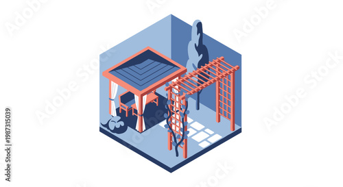 A sophisticated isometric architectural design showcases a modern backyard retreat featuring a wooden gazebo with white curtains and a vine-covered pergola.