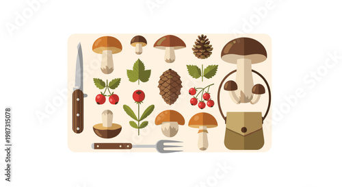 A meticulous flat lay composition features various edible mushrooms, wild berries, green leaves, a pocket knife, and a small leather satchel on a light beige surface.